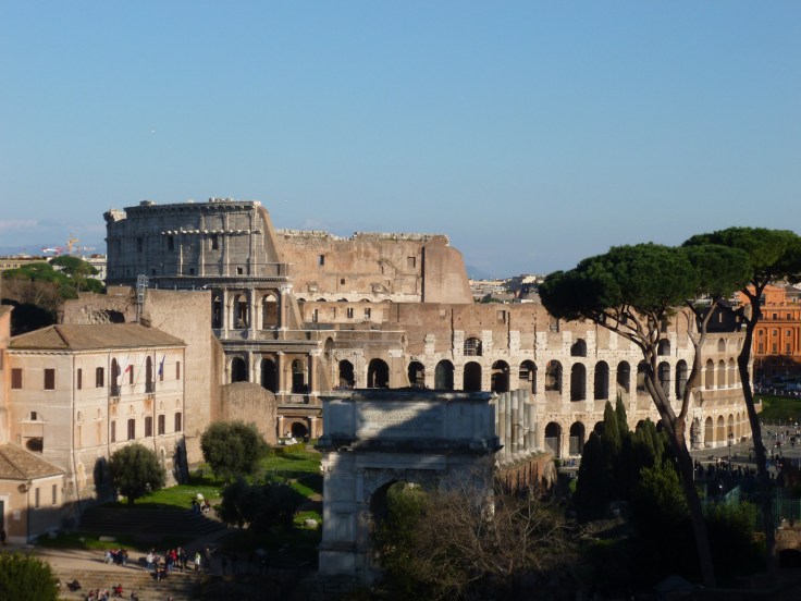 Le Colisée de Rome vu depuis les hauteurs du Forum, de jour, ciel bleu, pins parasol sur la droite