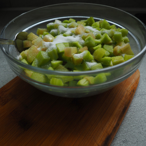 Saladier de rhubarbe en train de dégorger.