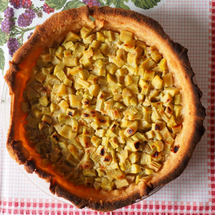 Tarte à la rhubarbe sur nappe quadrillée, vue de dessus.