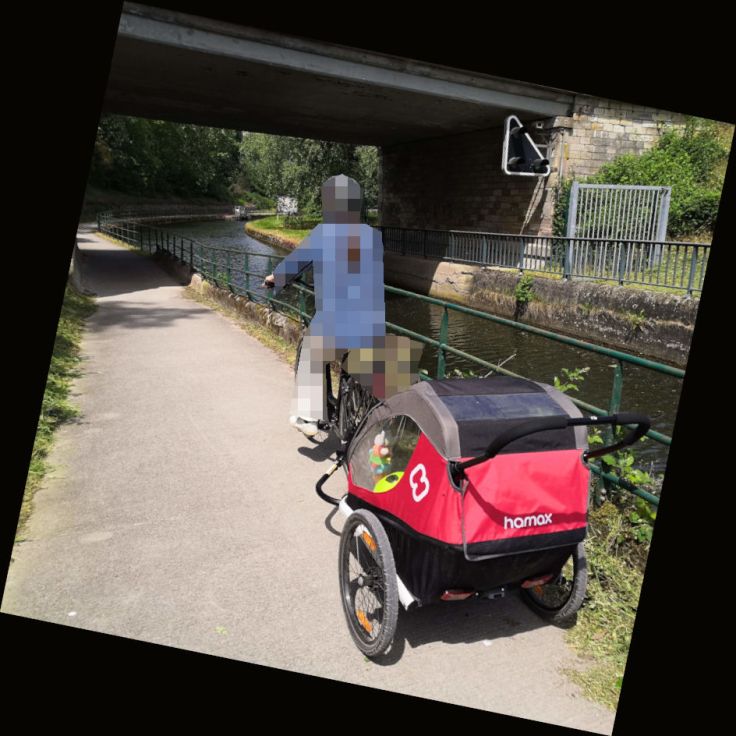 vélo tirant carriole bébé au bord d'un canal